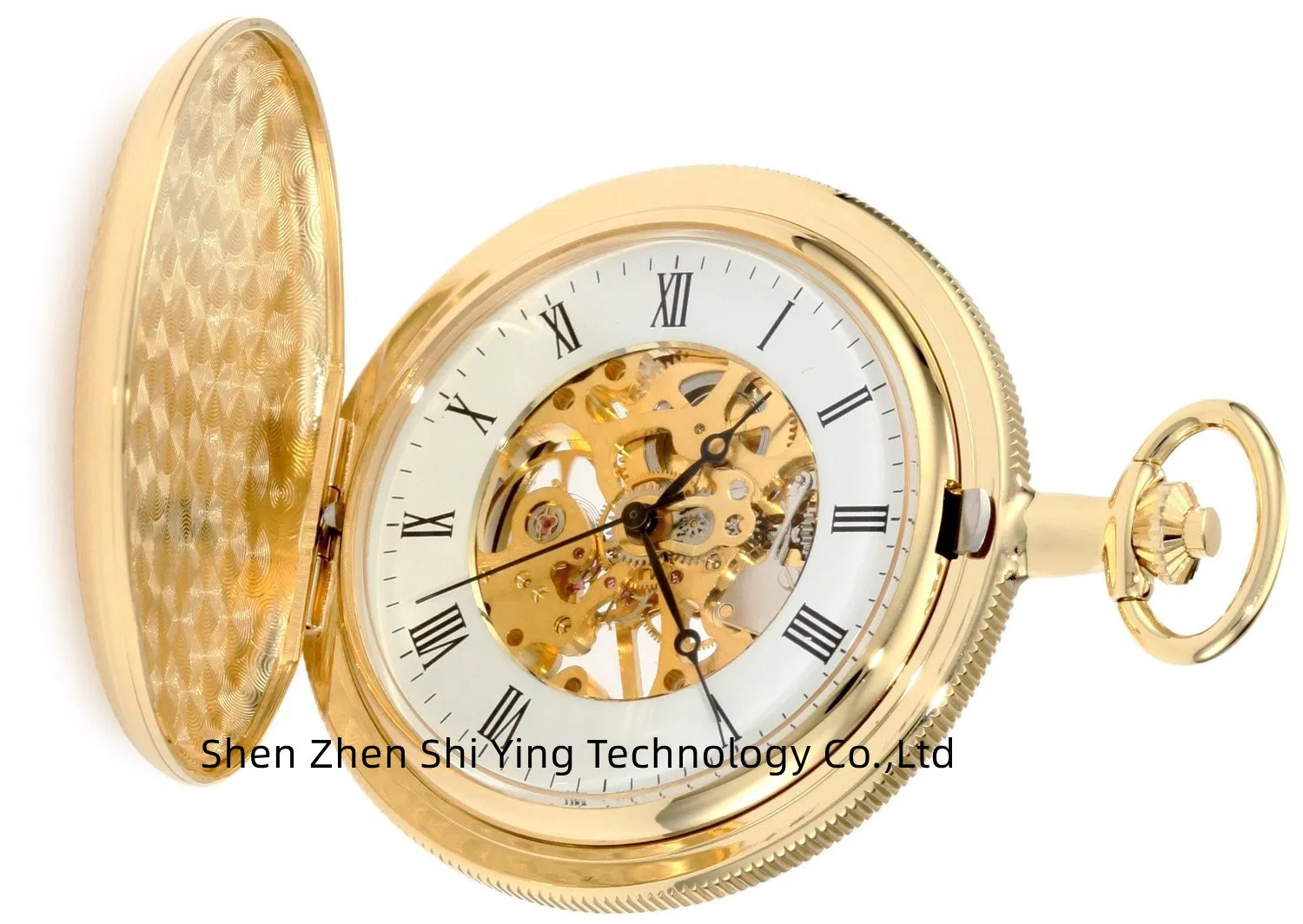 Custom Made Quality Japan Brass Engraved Gold Quartz Pocket Watch with Chain