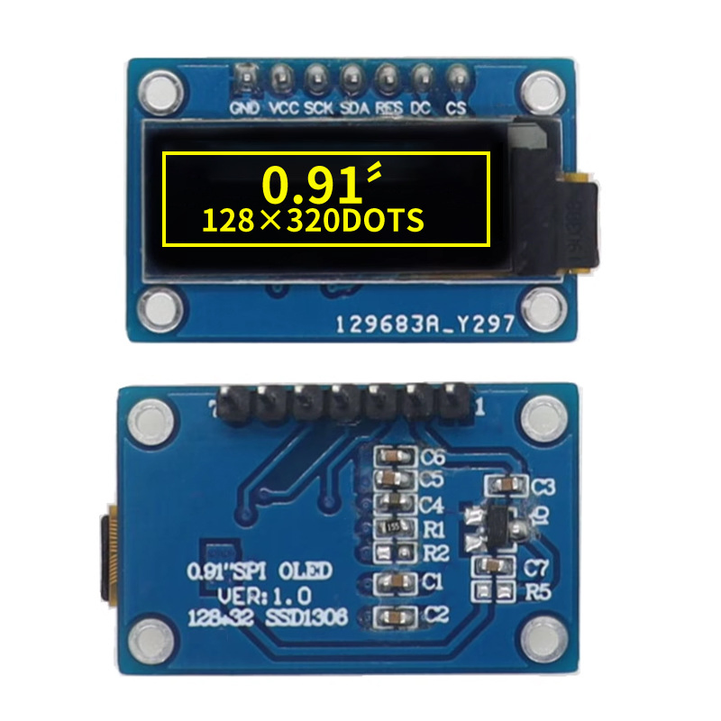 0.91 Inch 128X32 7 Pins Spi Interface PCBA OLED Module with Pin Header