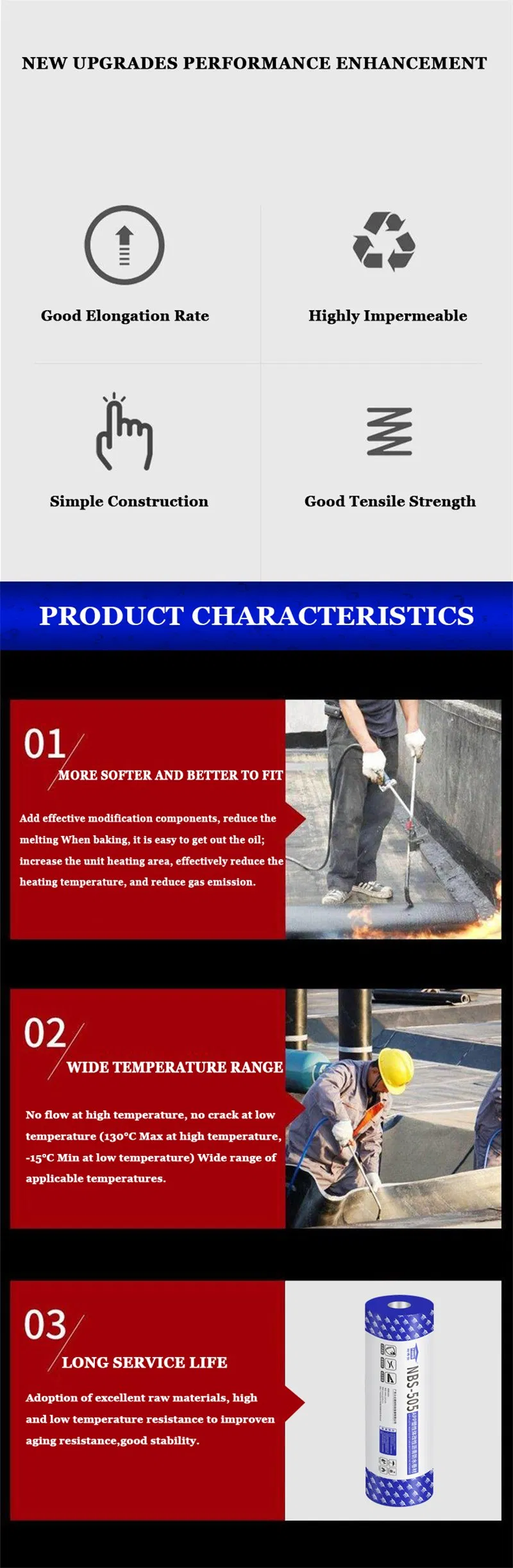 Nbs-505 APP Plastic Modified Bitumen Waterproofing Membrane with Excellent Heat Resistance Durability Strong Waterproof Performance