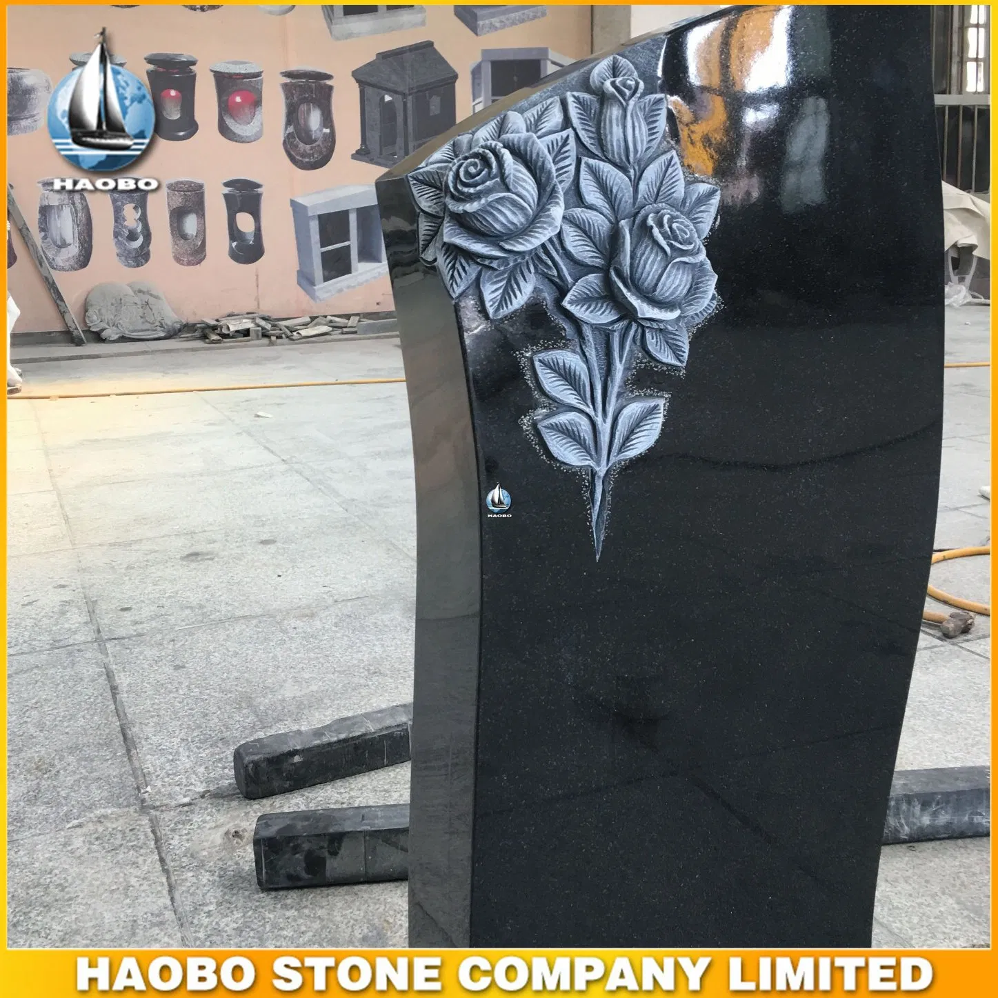 Black Granite Headstone Flower Gravestone Antique Tombstone