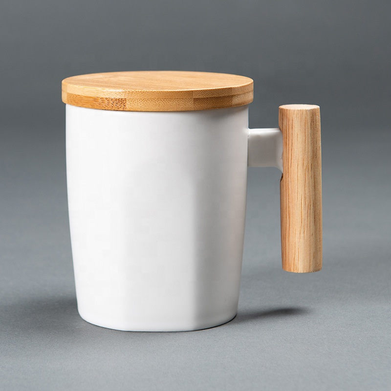 Promotional Custom Ceramic Coffee Tea Cup Mug with Wooden Handle Bamboo Lid