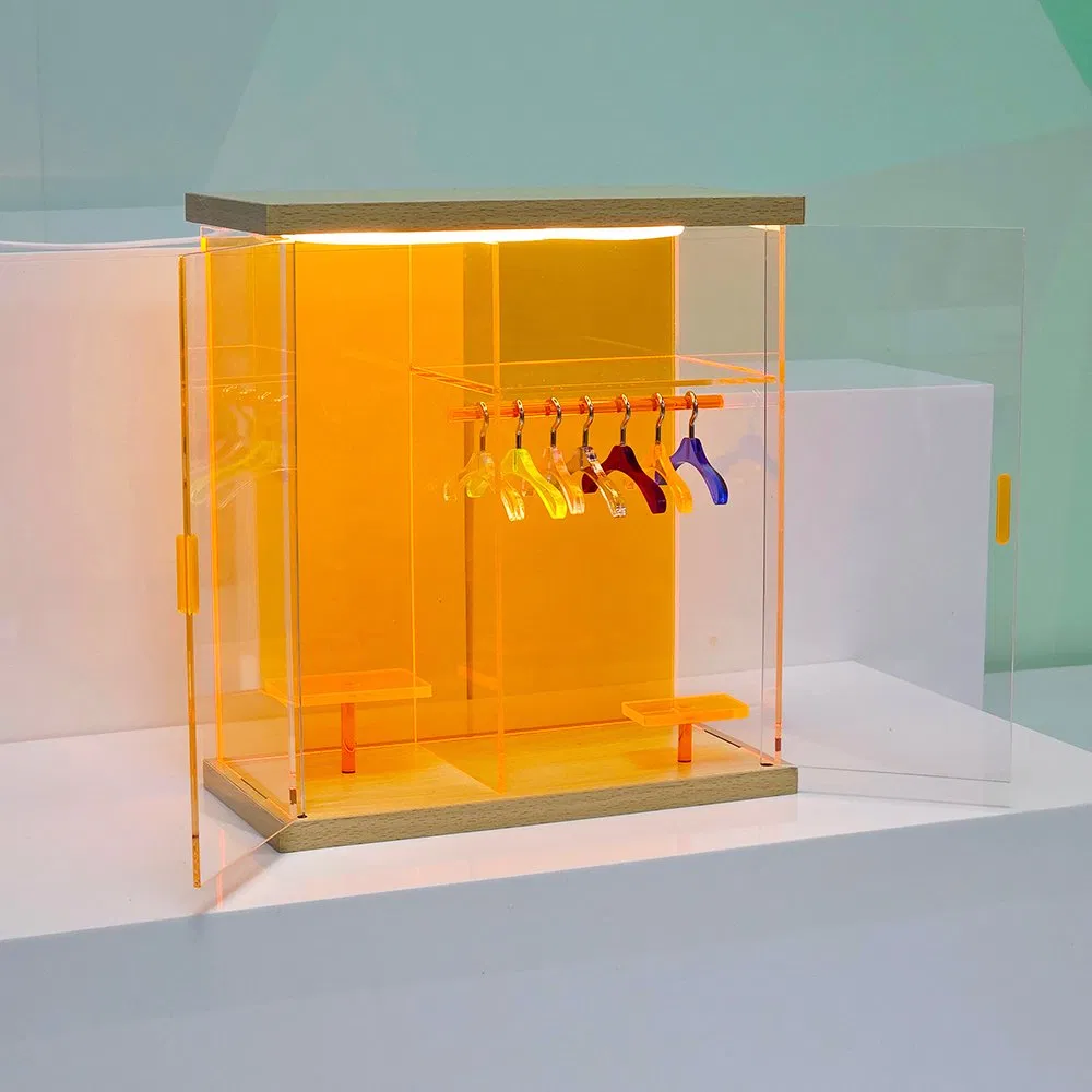 Clear Acrylic Languo Modern Customizable Clothing Display Case with Light and Wooden Base
