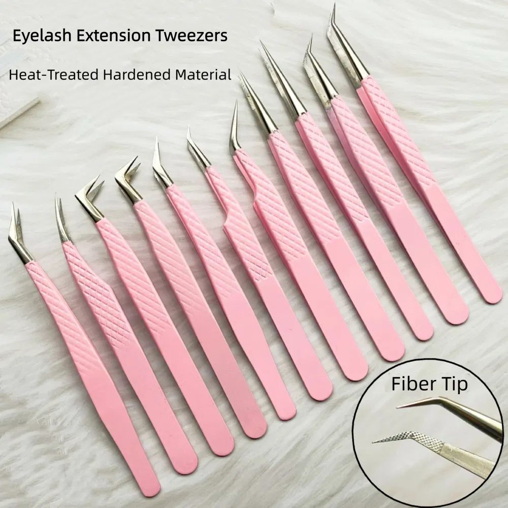 Professional Sharp Angled Curved Slanted Pink Fiber Tip Lash Eyelash Extension Tweezers