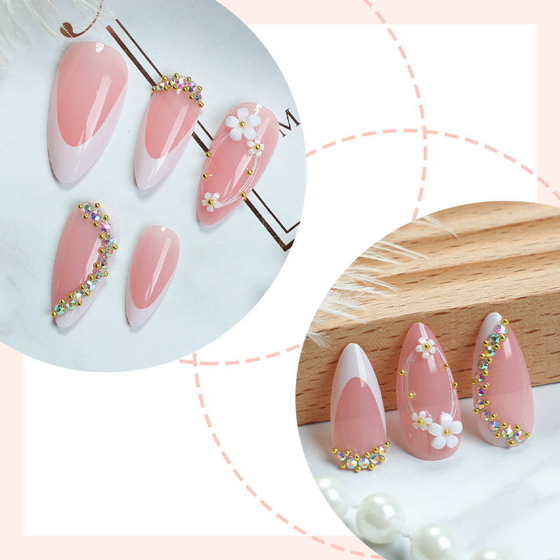 24 Pieces of Foreign Trade French Flowers Popping Almonds False Nails Irregular Colored Diamond DOT Diamond Press on Nails Wearing Nails