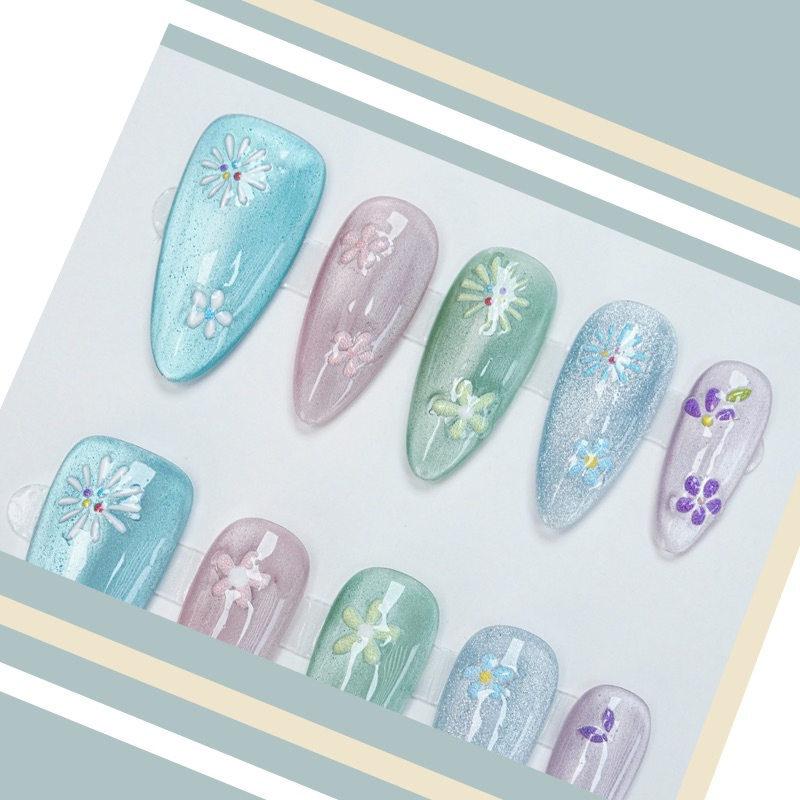 Elegant 3D Floral Press-on Nails with Crystal Accents