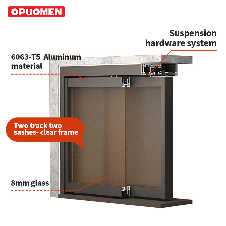 Customized Aluminum Frame, Extremely Narrow Frame, Tempered Glass Hanging Sliding Door