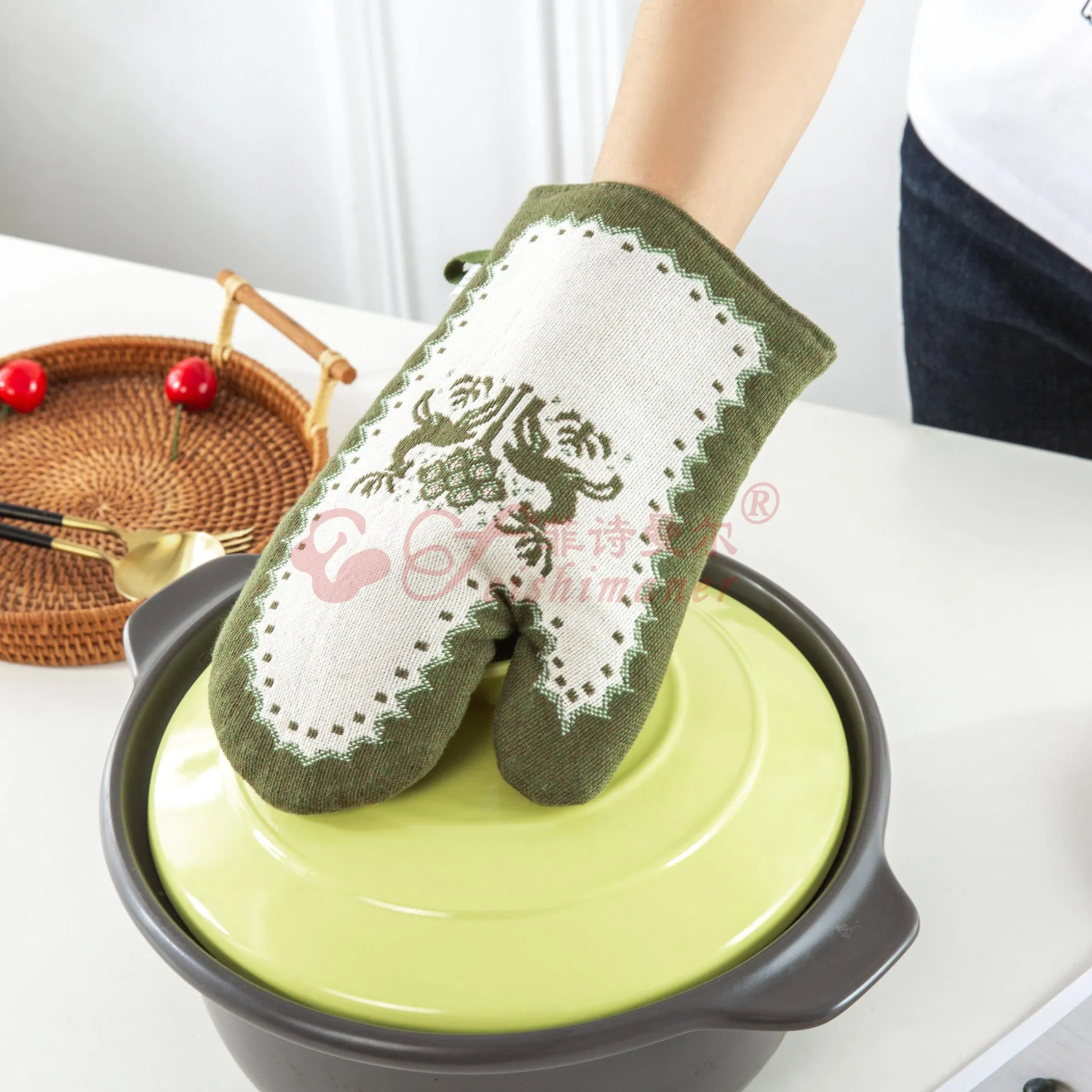Factory Non-Slip Heat Resistant Jacquard Cotton Hemp Oven Mitts for Cooking Baking BBQ