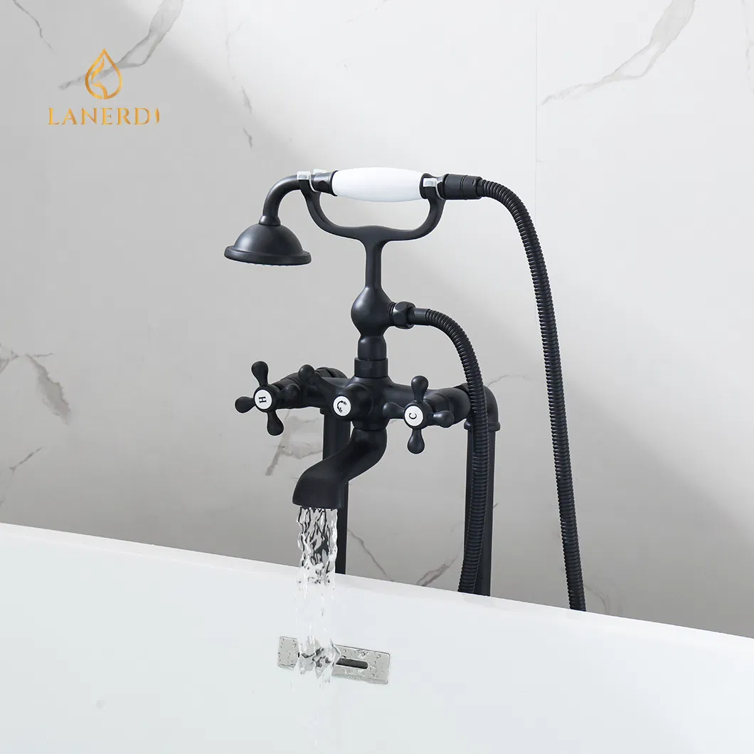 Upc USA Antique Dual Handle Matt Black Floor Free Standing Bathtub Bath Tub Brass Shower Mixer Tap Faucet