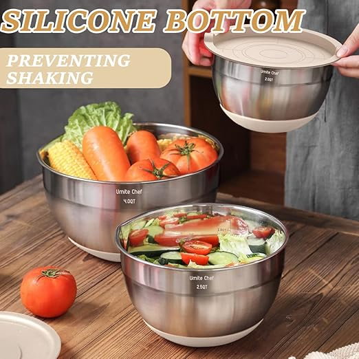Stainless Steel Mixing Bowls with Lids, 26-Piece Set with Grater Attachments
