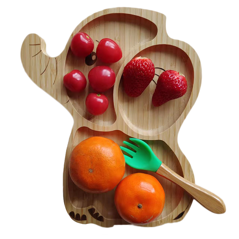Children Kids Baby Cartoon Animal Figure Rabbit Unicon Car Bamboo Feeding Plate Bowl Spoon Fork