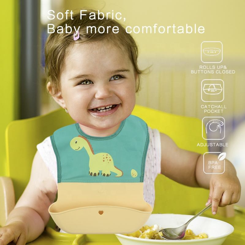 Newest Cute Cartoon Printing Food Grade Nylon Silicone Bib Waterproof Baby Bibs