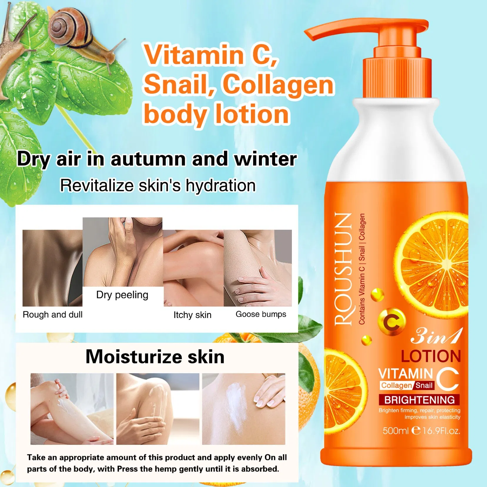 Roushun Vc+Collagen+Snail Liquid 3-in-1 Privater Label Body Lotion