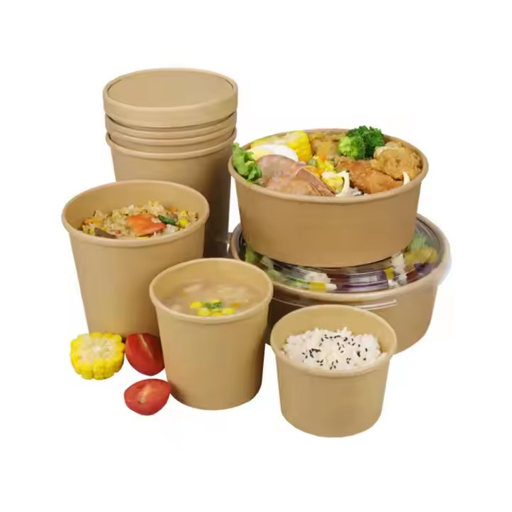 Ecofriendly Disposable Custom Logo Printing Kraft Paper Bowl with Paper PP Lid Factory Manufacturer