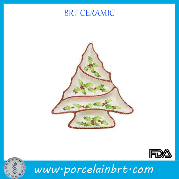 Christmas Tree Shaped Ceramic Divided Snack Tray Appetizer Plate Dessert Plates for Party