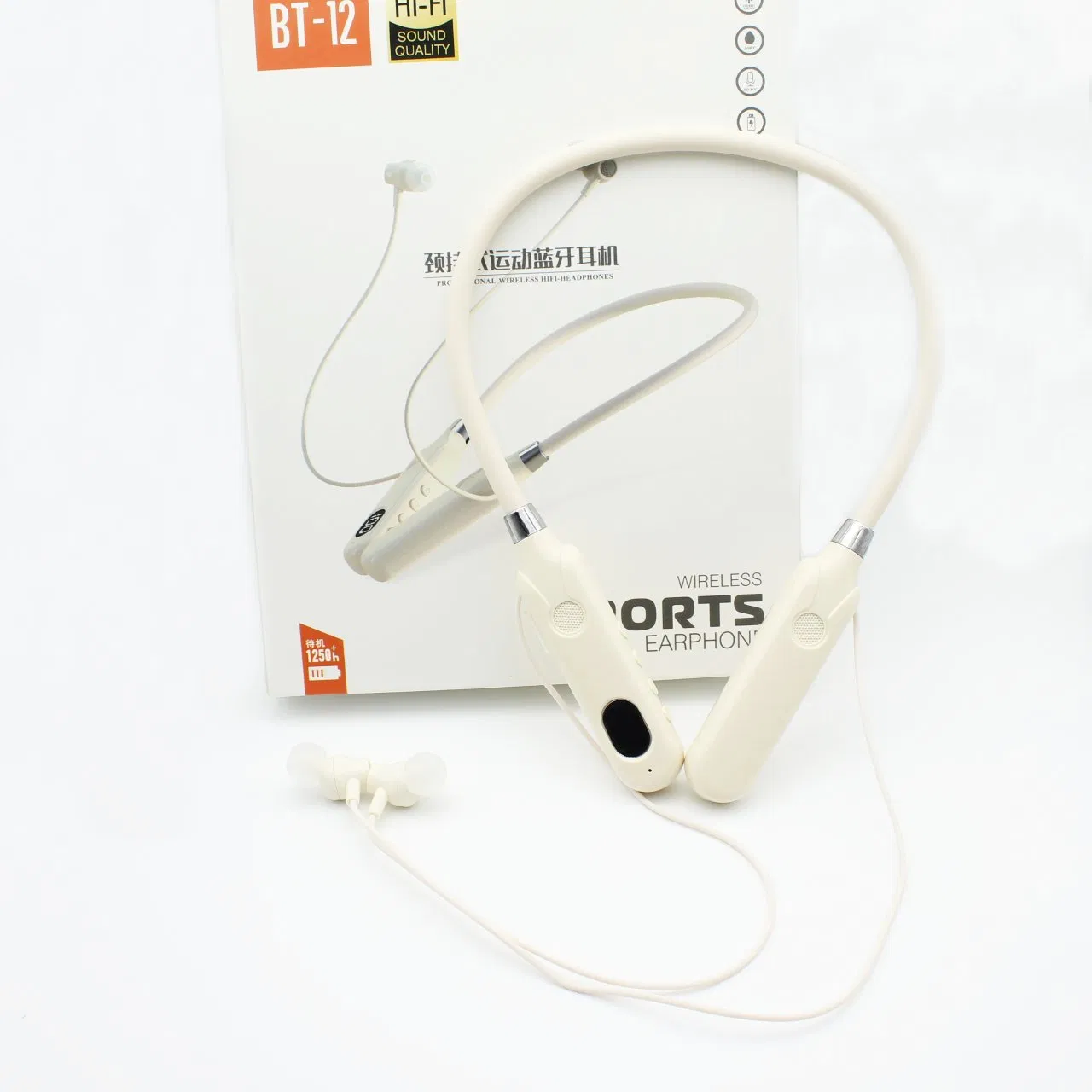 Беспроводные наушники BT-12 Beige на шее