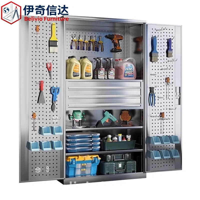 Stainless Steel Tool Cabinet Double Door Large Capacity Storage Cabinet for Workshop and Garage