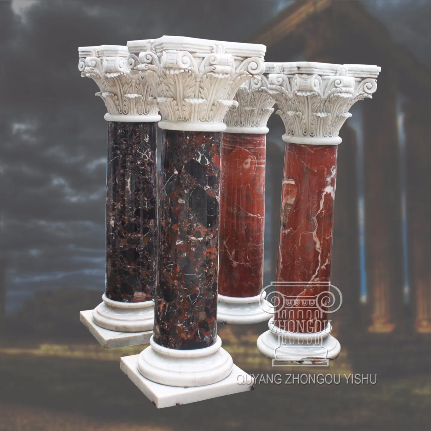 Great Red Roman Marble Column with Good Hand-Carved Quality