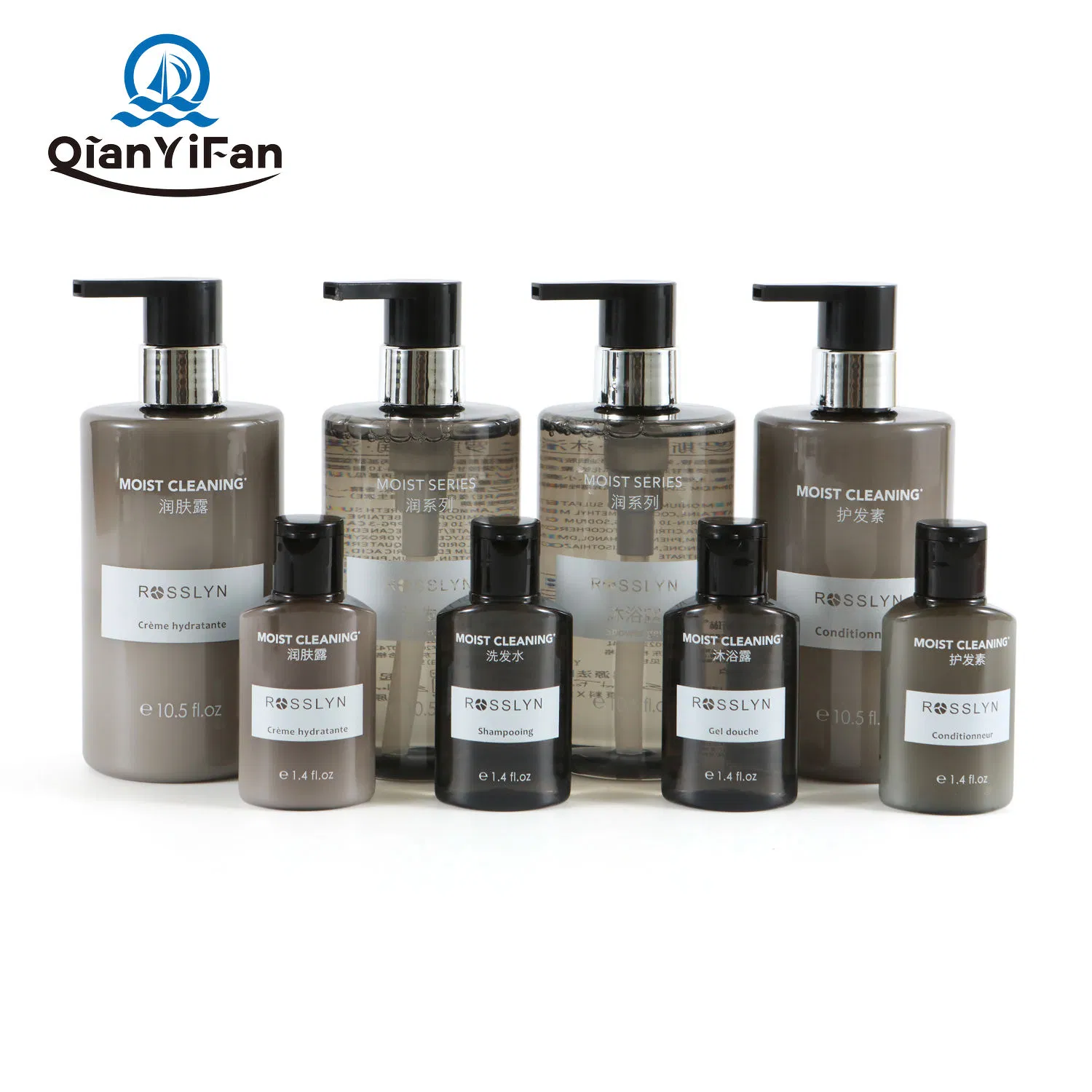 Rosslyn Extreme Moisture Wash Set Can Be Customized with Various Sizes of Shampoo, Shower Gel, Body Lotion, and Conditioner.