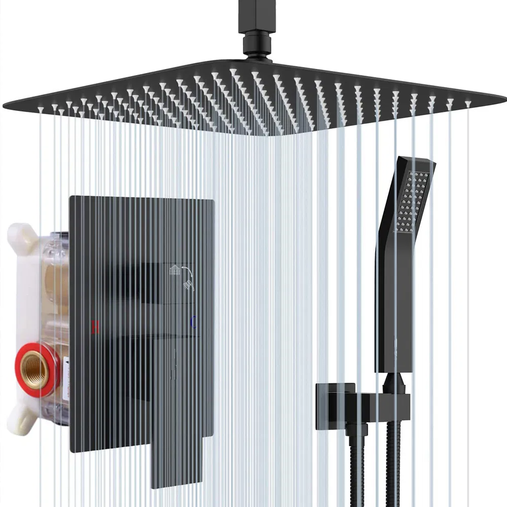 Luxury Rain Black Copper Bath Shower Head Mixer Brass Faucet Complete Hidden Multi Functional Bathroom Shower Set