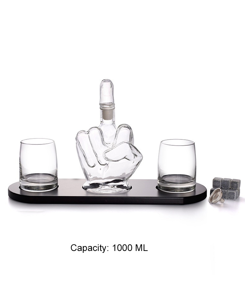 Home Bar Decor Liquor Dispenser with Glass and Wooden Base Middle Finger Shape Whiskey Decanter Gift Se
