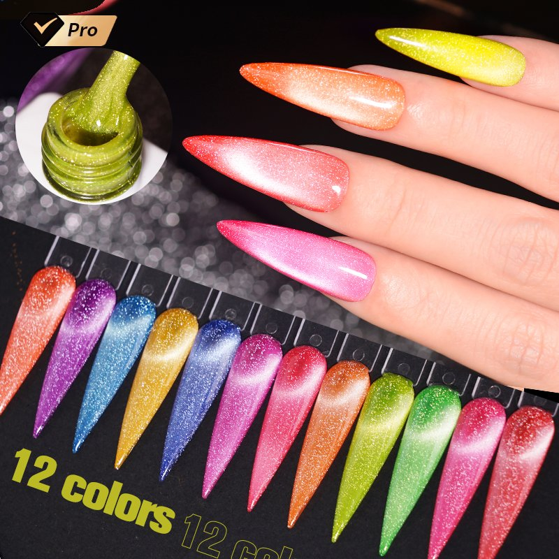 R S Nail Wholesales 8g Neon Reflective Ceramic Cat Eye Gel 12 Colors UV LED Magic Nail Semi Permanent Gel Polish Step Gel