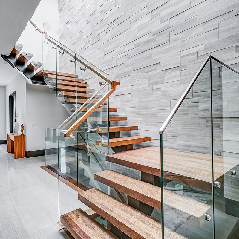 Modern Design Indoor Straight Glass Railing LED Staircase Solid Wood Treads Floating Steel Wood Stairs