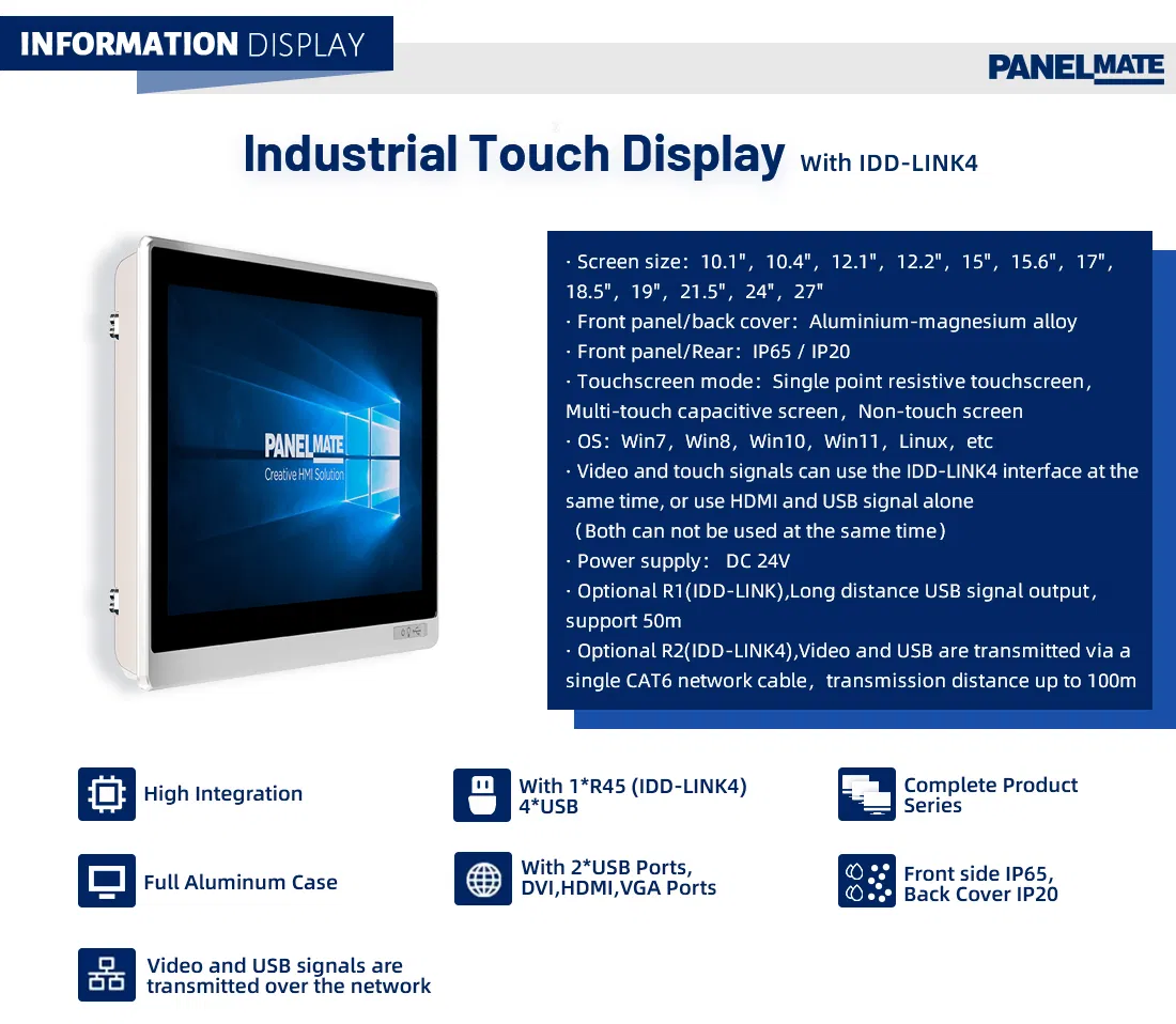 27 Inch Industrial Display with Kvm Extender Idd-Link4 IP65 Waterproof LCD Industrial Touchscreen Capacitive Touch Screen LCD Monitor for Industrial Monitor