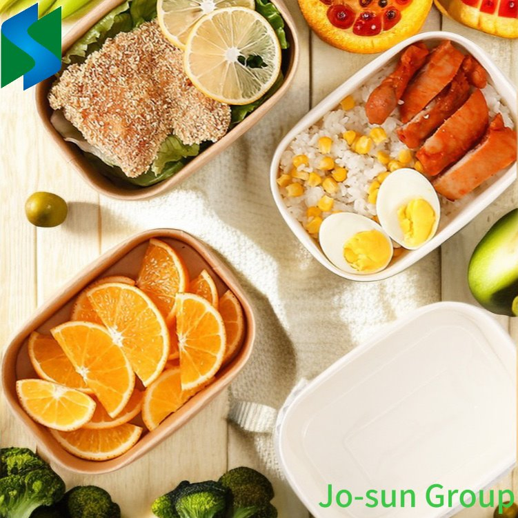 Jo-Sun Hot Sale Food Grade Disposable Takeaway Fast Food Container Kraft Paper Rectangular Bowl with Lid