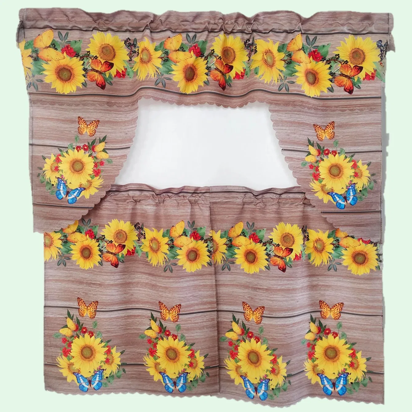 3-PC Sunflower and Butterfly Printing Kitchen Curtain