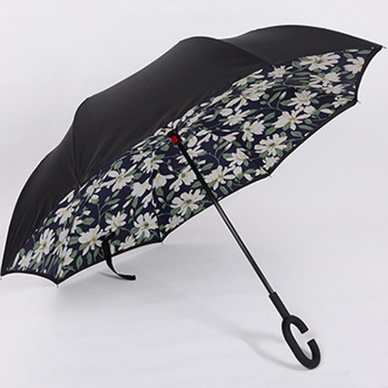 Lily Print Car Reverse Straight Manual Umbrella Windproof Function