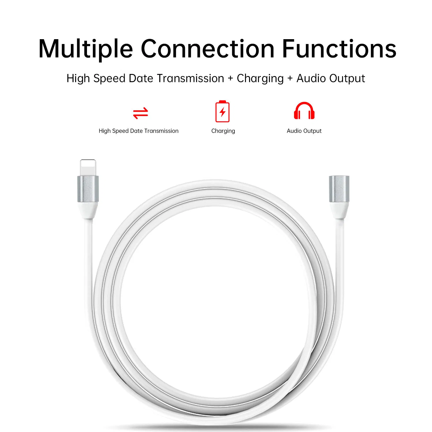 Male to Female Pass Audio Video Music Data and Power Charge Ios Extension Cord Adapter Made of White TPE and Sliver Aluminum