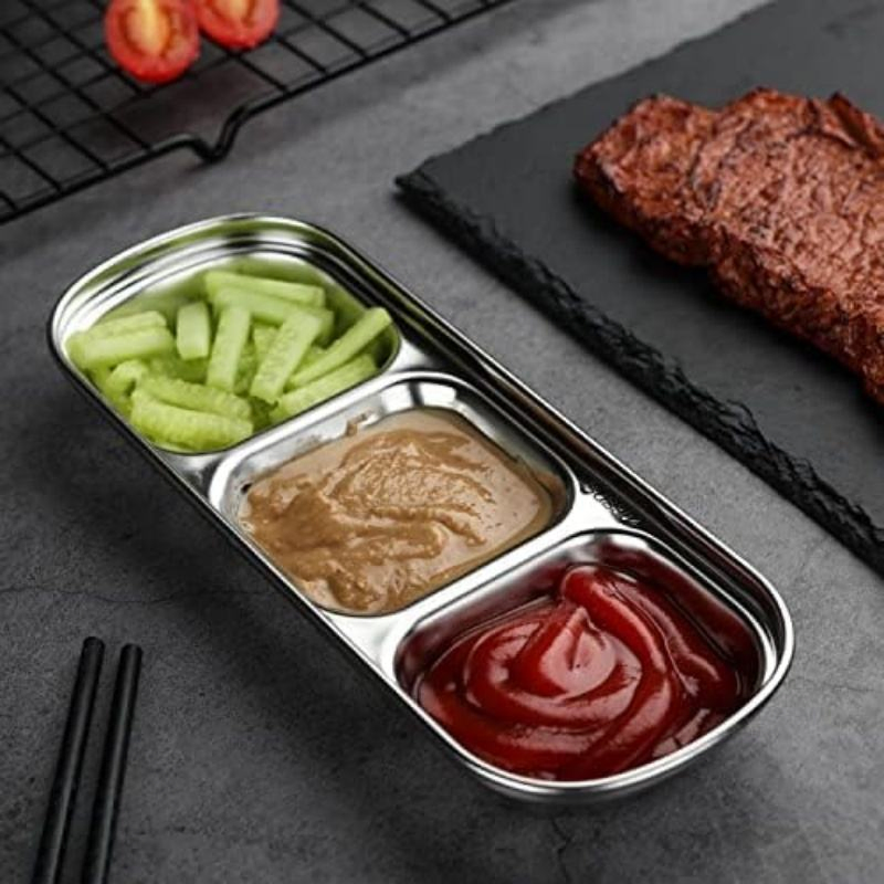 3 Grids Divided Sauce Side Dishes Stainless Steel Soy Sauce Dish Dipping Bowls for Soy Sauce Ketchup Seasoning Sushi