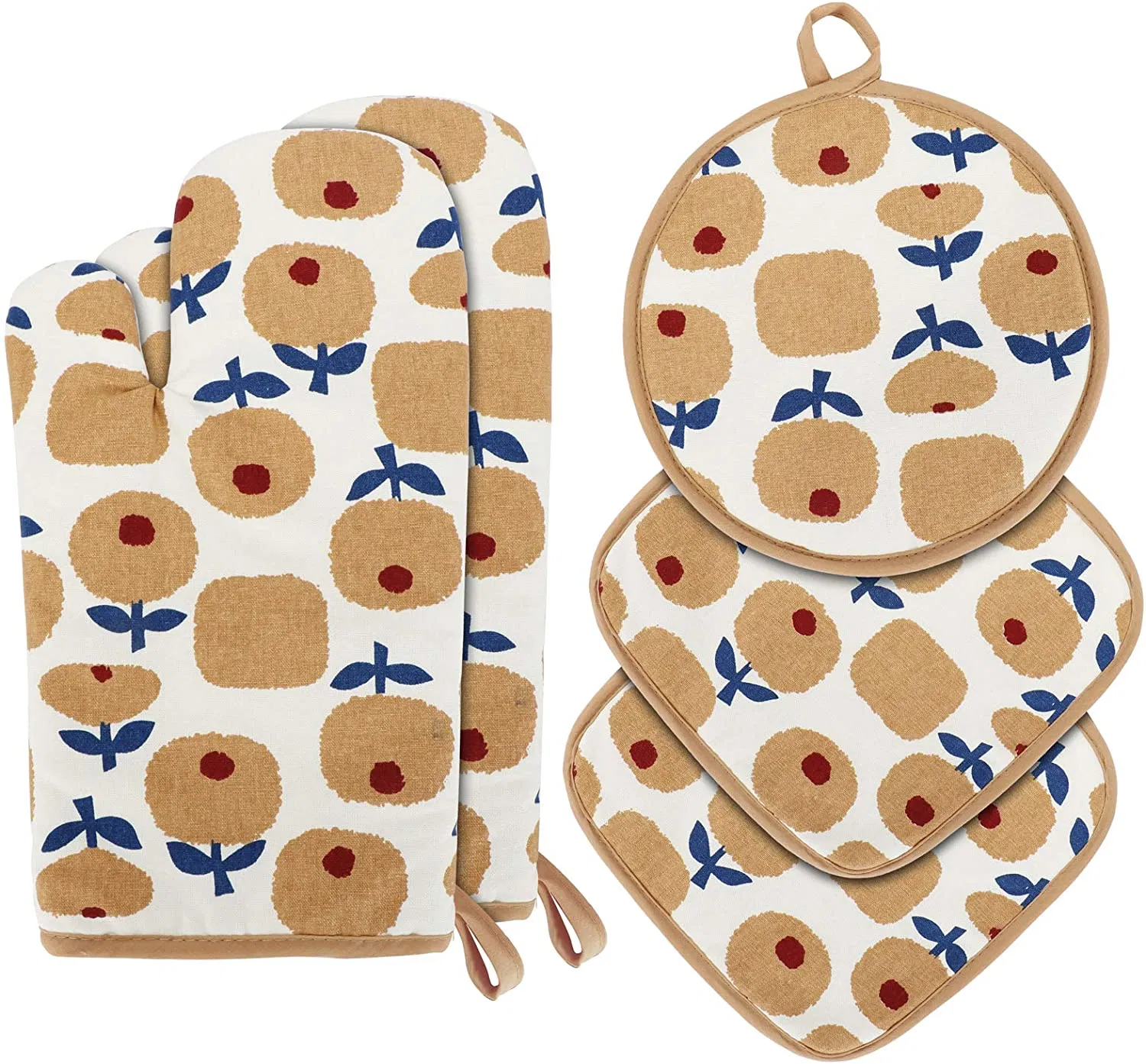 Pure Cotton Non Slip Kitchen Pot Holders and Oven Mitts Set
