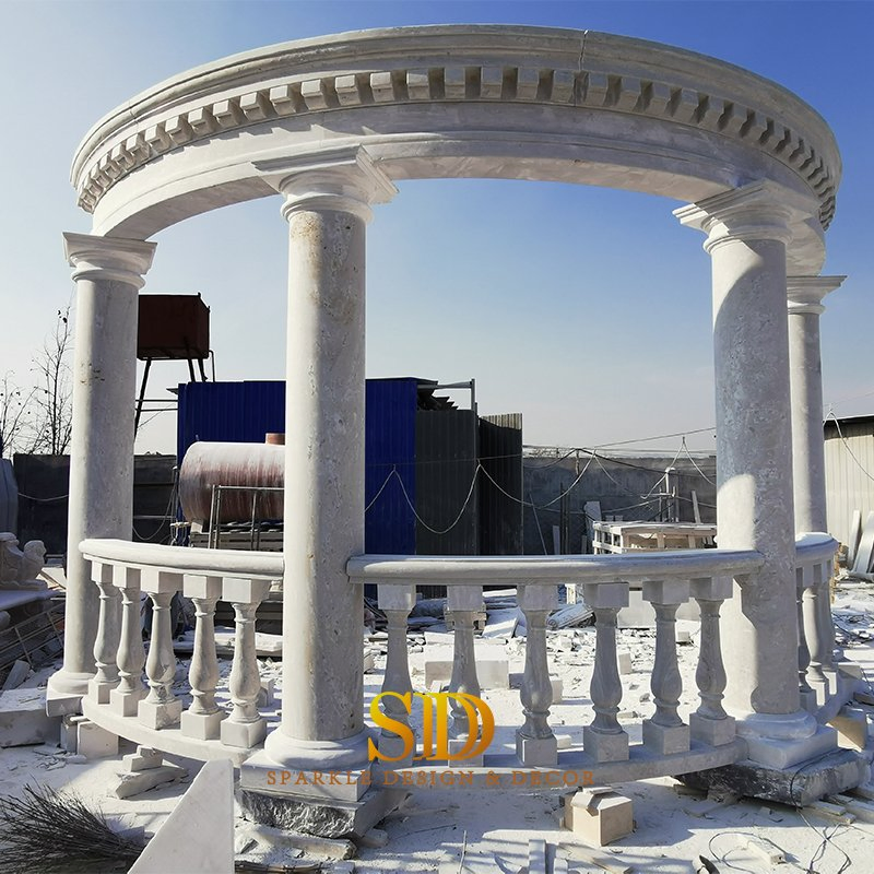 Half Circle Shape White Marble Columns with Railing and Cornice