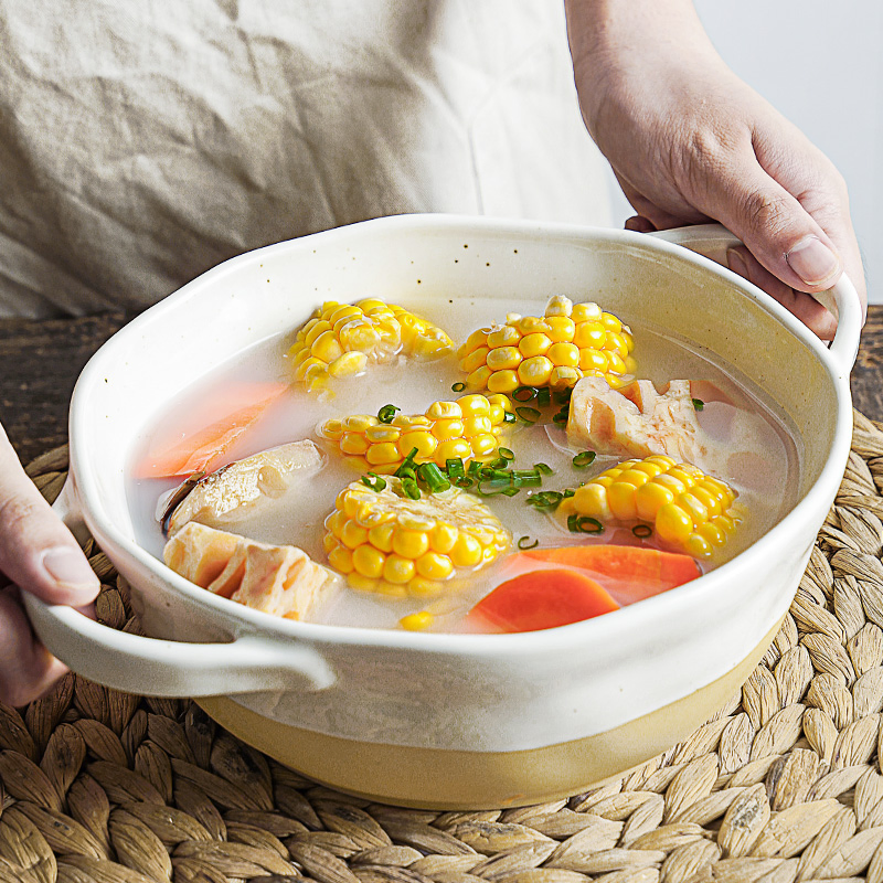 Restaurant Kitchen Serving Bowl Round Large Capacity Ceramic Soup Bowl with Handles