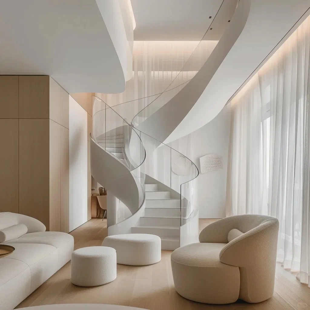 LED Light White Wooden Curve Staircase Floating Stairs Design Modern Interior Staircase with Wood Indoor Stairs