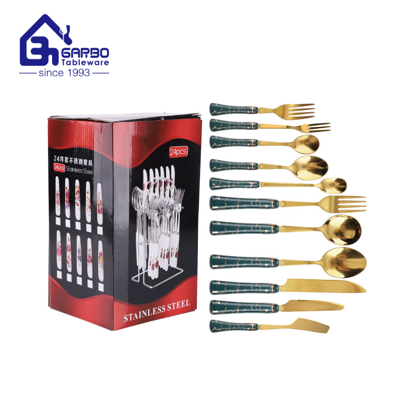 Hot Selling Marbling Dinner Knife Electroplating Gold Color Cutlery Knife with Ceramic Handle