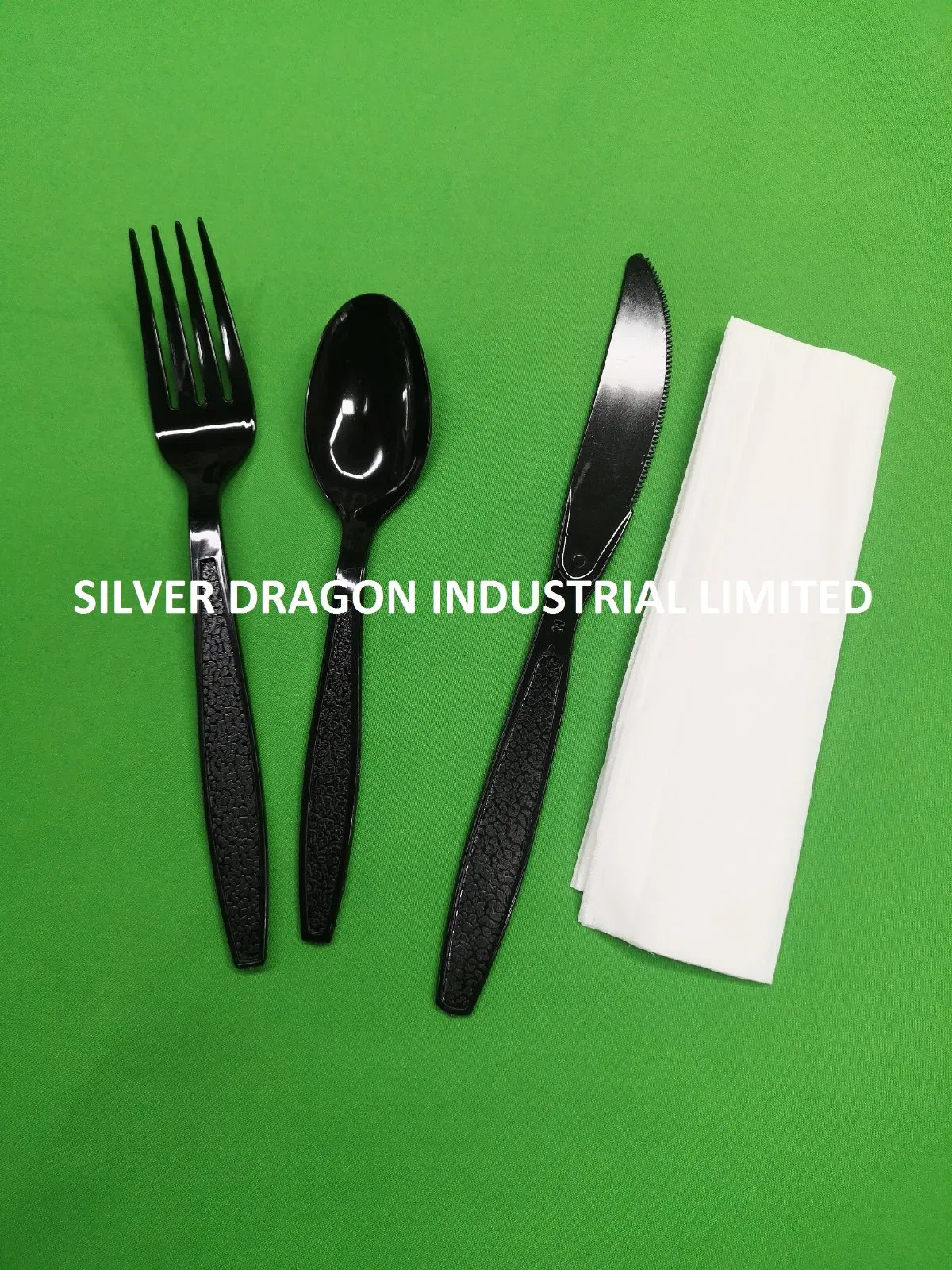 Black Disposable PS Plastic Cutlery Set (includes fork, knife, spoon & tissue each)