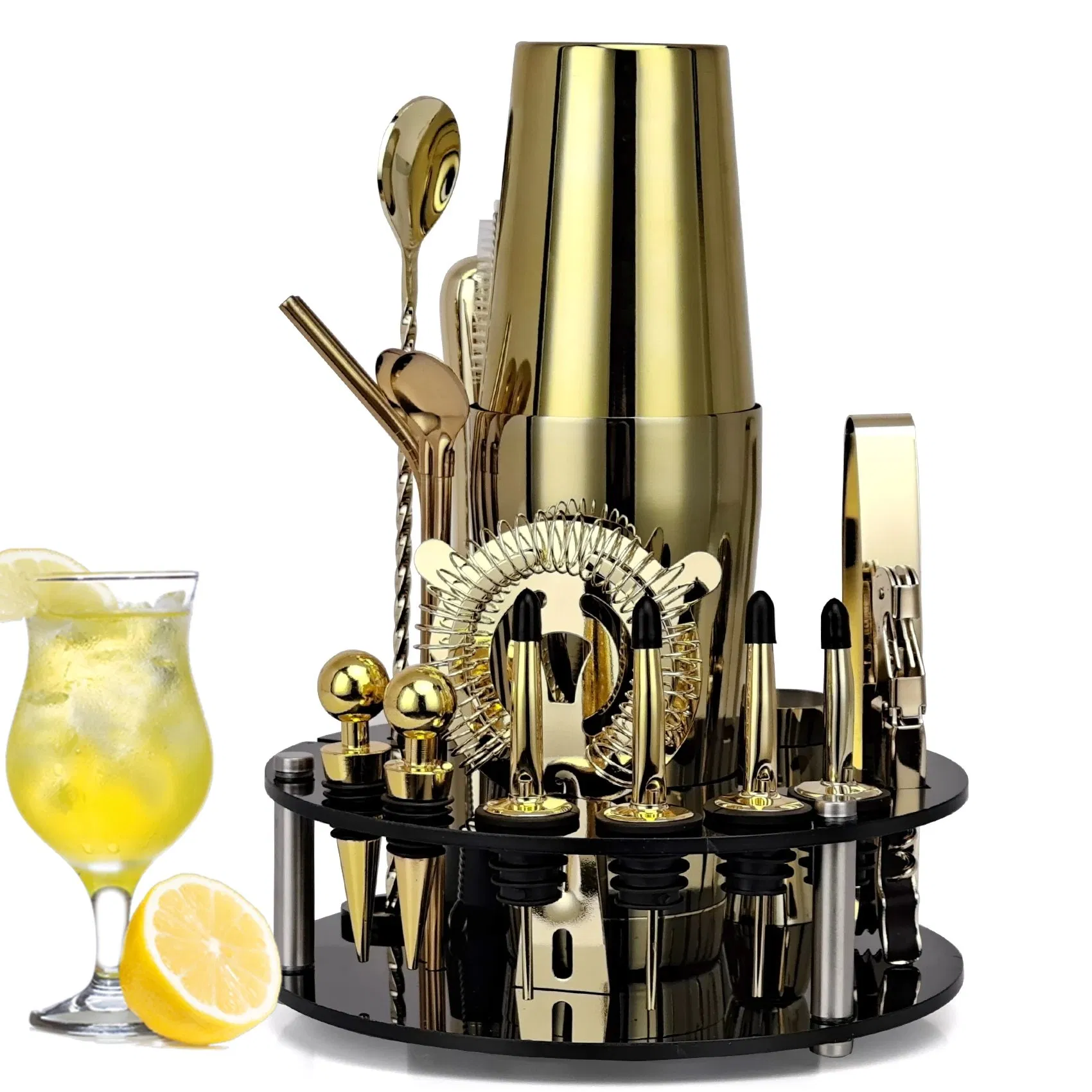 Custom Logo Bartender Kit Boston Cocktail Shaker Set Rose Gold with Rotating Acrylic Stan for Mixed Drinks Martini Home Bar Tools Set