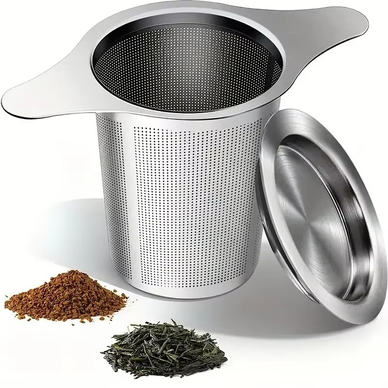 Double Handles Loose Leaf Tea Steeper Extra Fine Mesh Strainer Stainless Steel Tea Infuser Mesh Strainer with Drip Tray