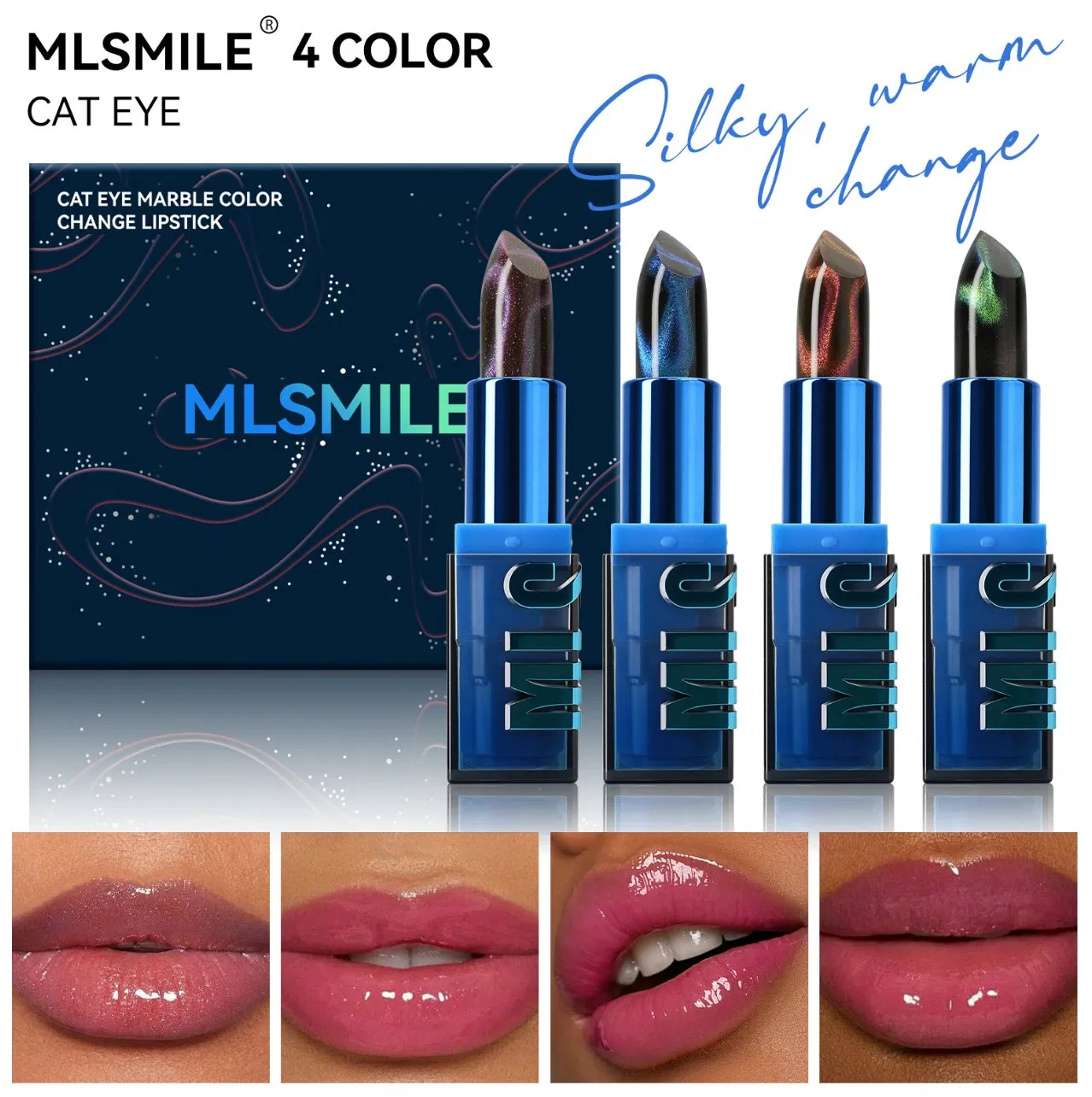 Online Wholesale and Retail 4 Color Eye Cat Set Warm Change Lipstick Transparent Jelly Lipstick Long-Lasting Waterproof Color Changing Eye Cat Lip Balm Set