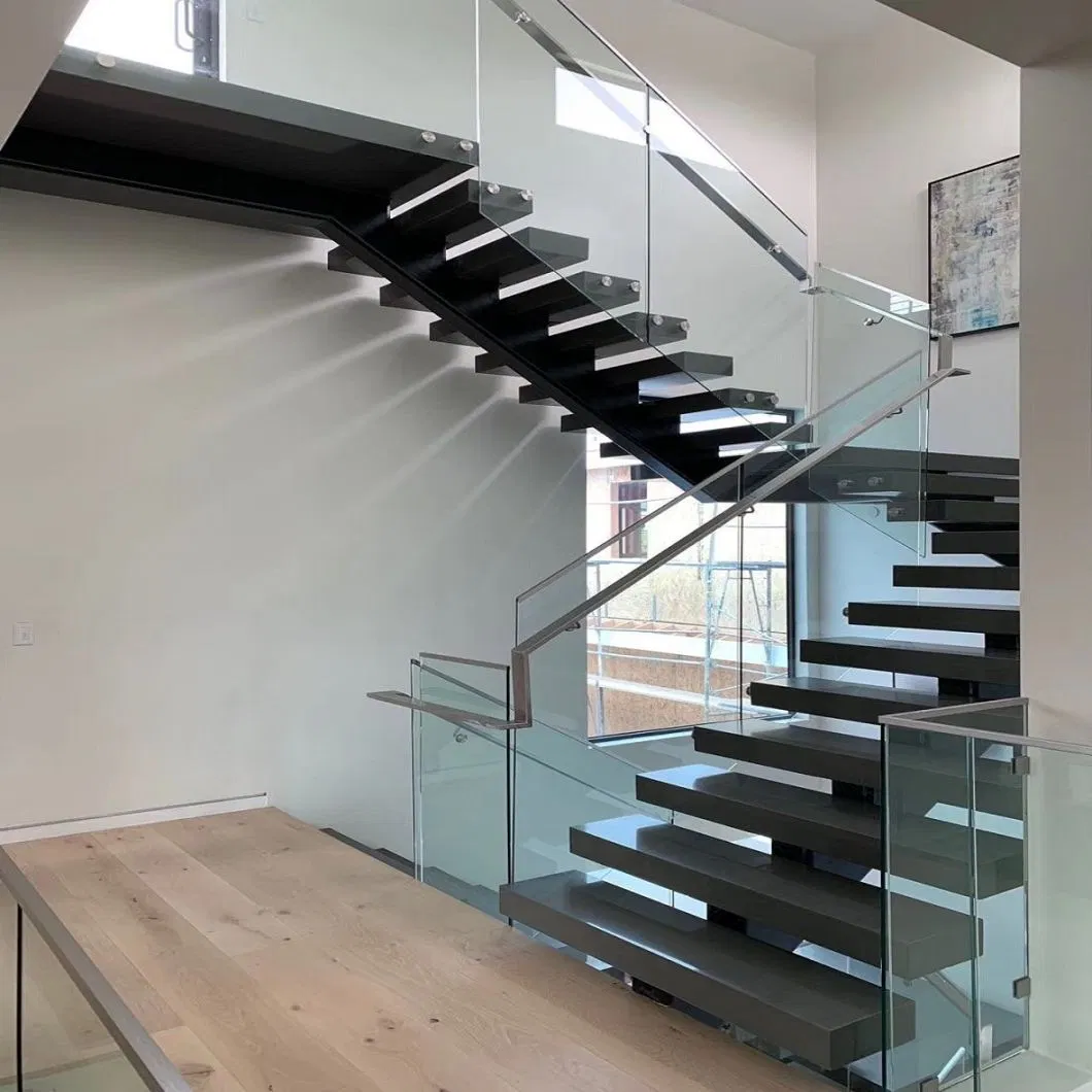 Customized U-Shaped Glass Wood Stairs Design Indoor Mono Stringer Staircase