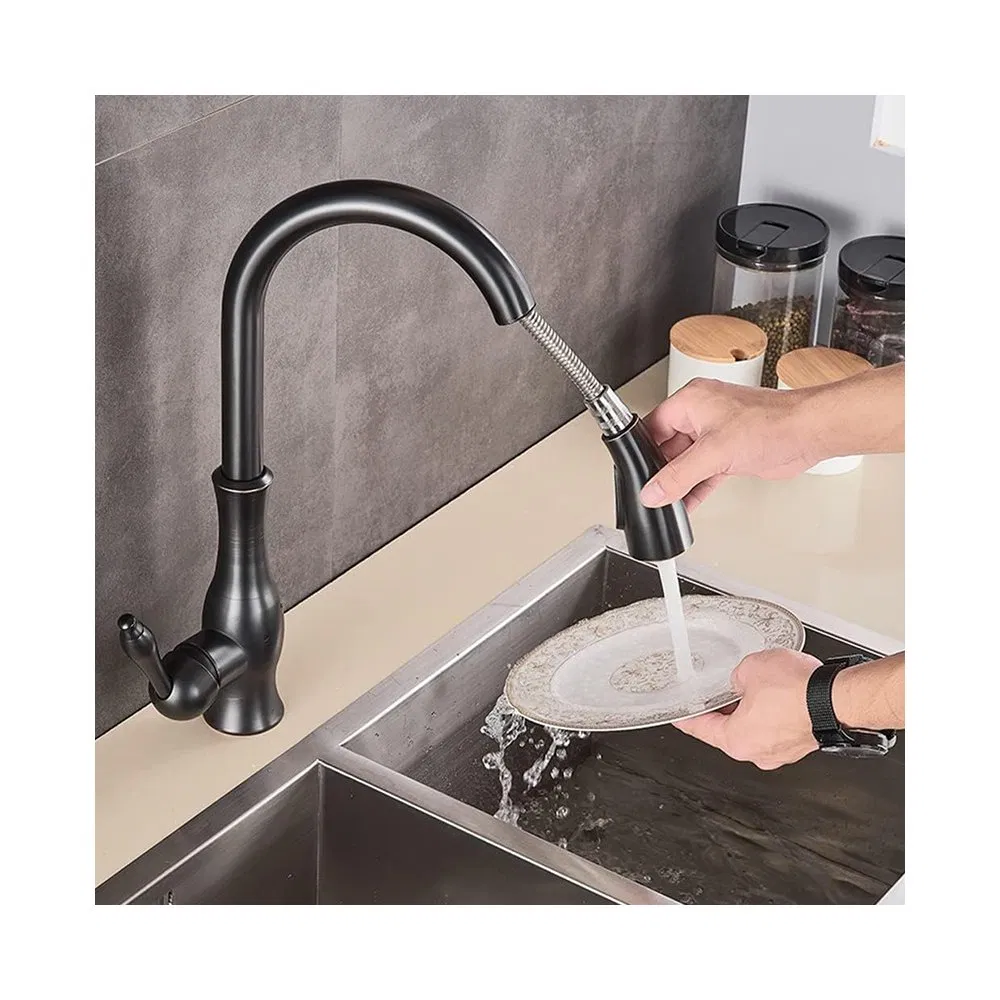 Classic Antique Single Handle Brass Hot Cold Water Pull out Kitchen Faucet