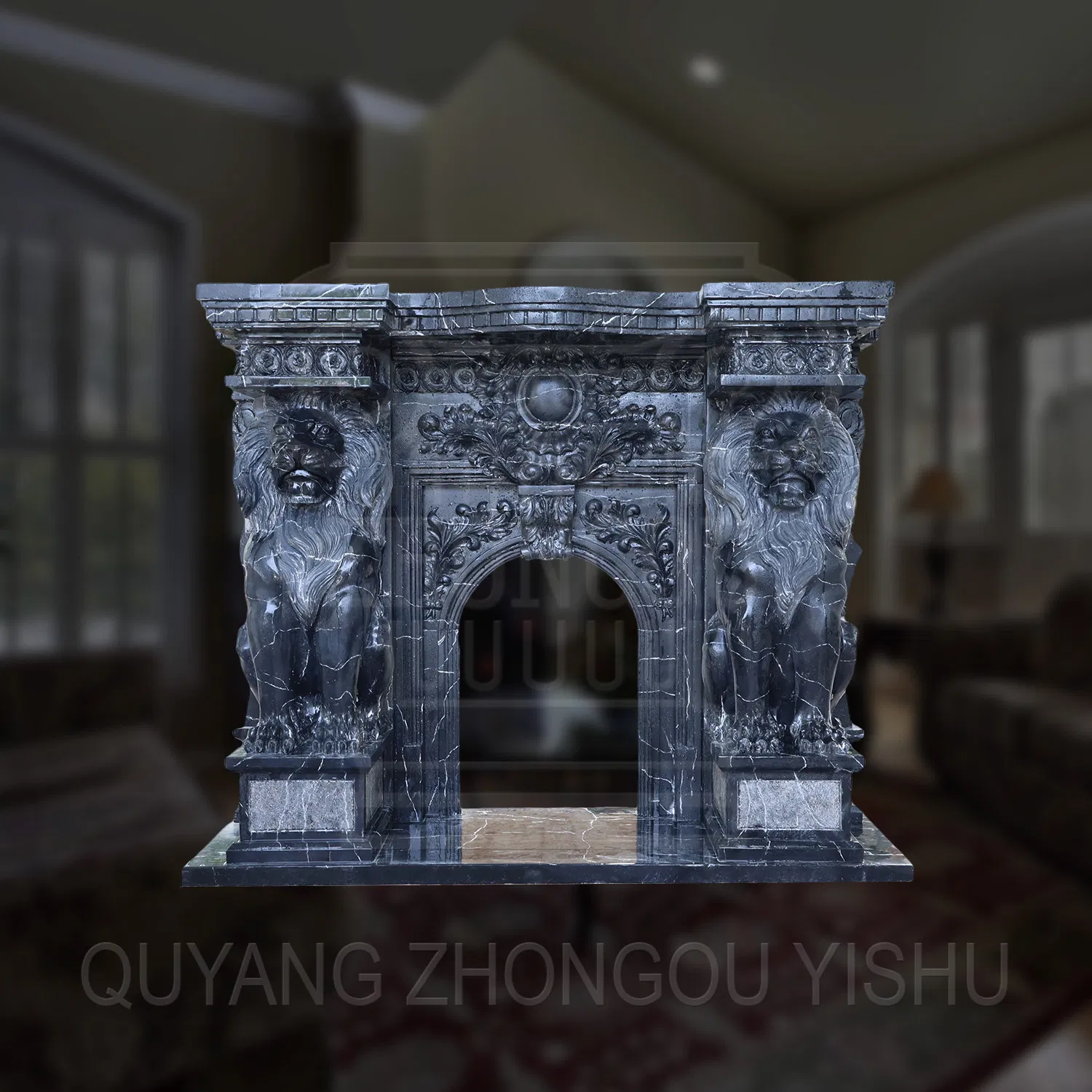 Majestic Dark Marble Fireplace Surround with Lion Sculpture