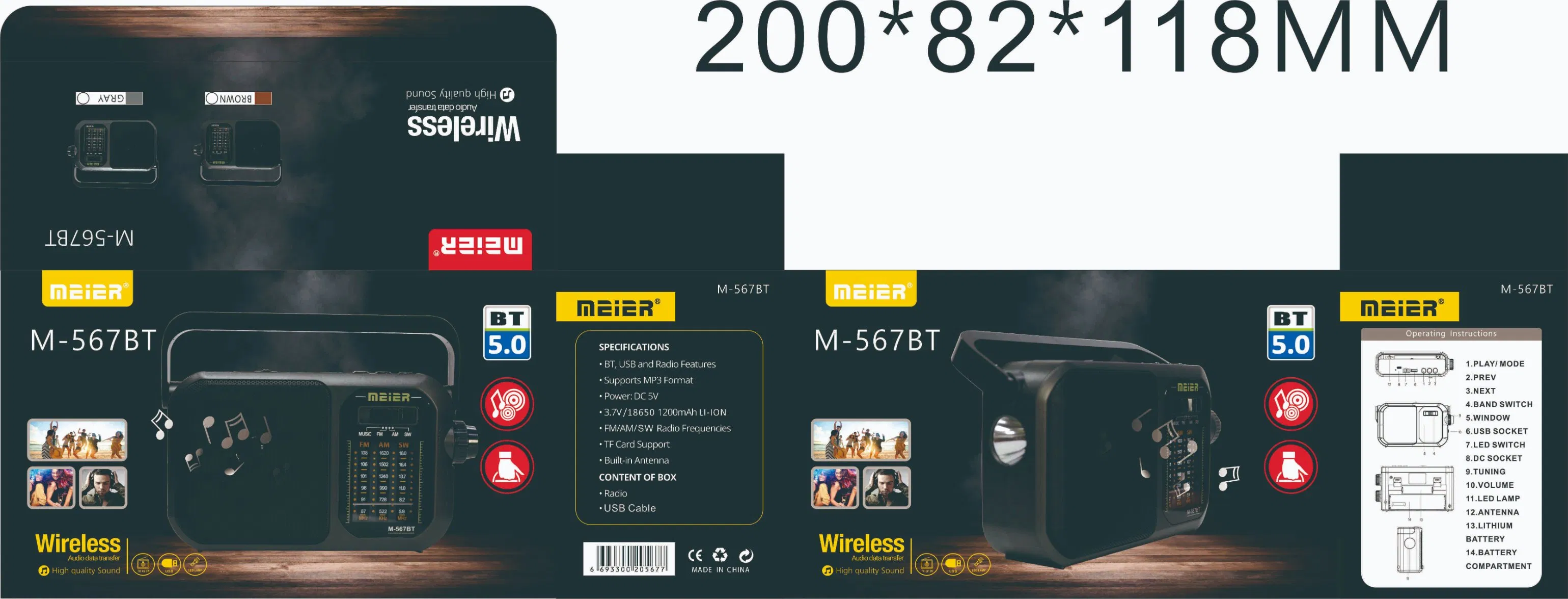 Portable 3-Band Am FM Sw Radio, LED Flashlight, TF Card and MP3 Player, Rechargeable Speakers Bluetooth Meier M-567bt