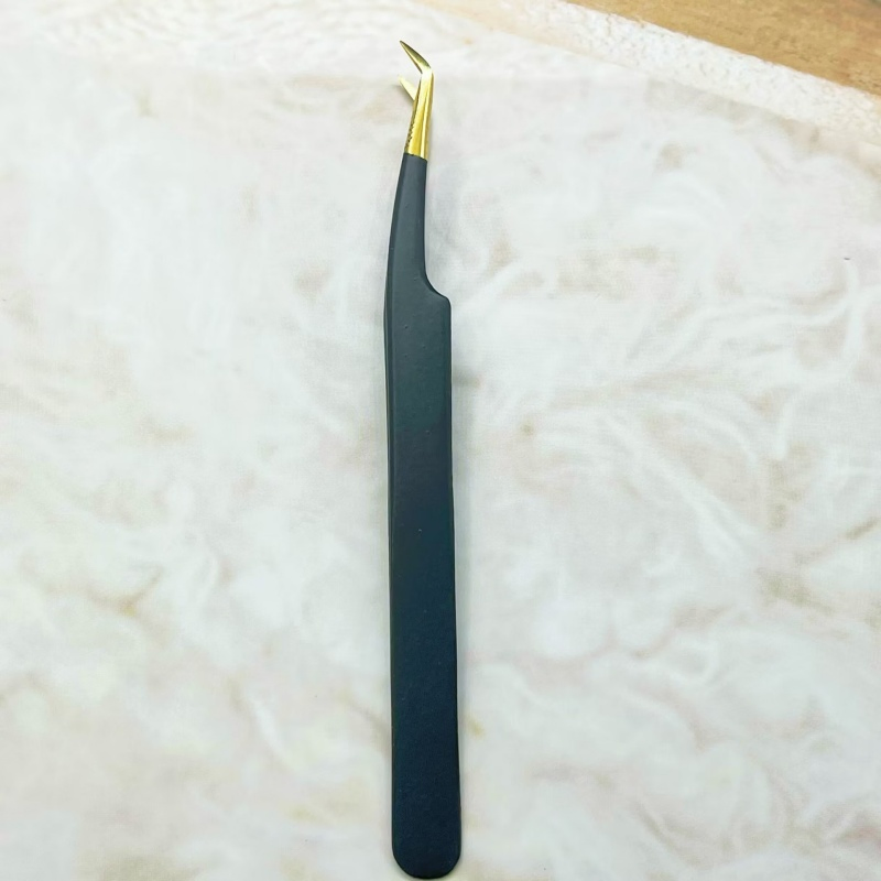 Golden Tip High-Precision Black Ergonomic Blossom Eyelash Extension Lash Stainless Steel Tweezers