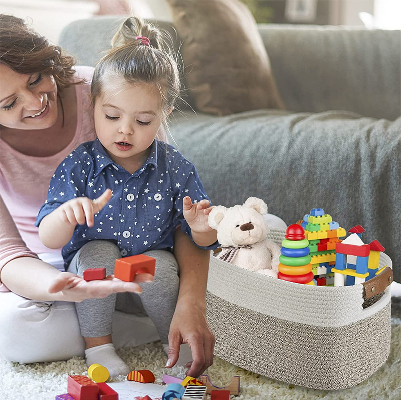 3 Set Cotton Rope Basket with Leather Handles Storage Basket Organizing Shelves Rope Pet Toys Storage Basket