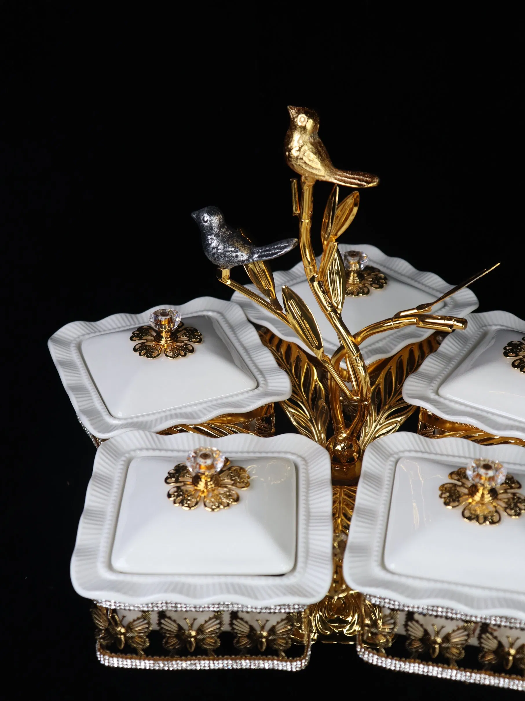Home Ornament Gold-Plated Iron Frame with 5 Square Ceramic Bowl