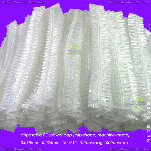 Waterproof Transparent Poly/HDPE/LDPE/Plastic/Clear/Mob/Mop Disposable PE Shower Cap for Hotel/Travel Bath/Bathing with Pleated/Crimped/Strip/Clip/Stripe Shapes