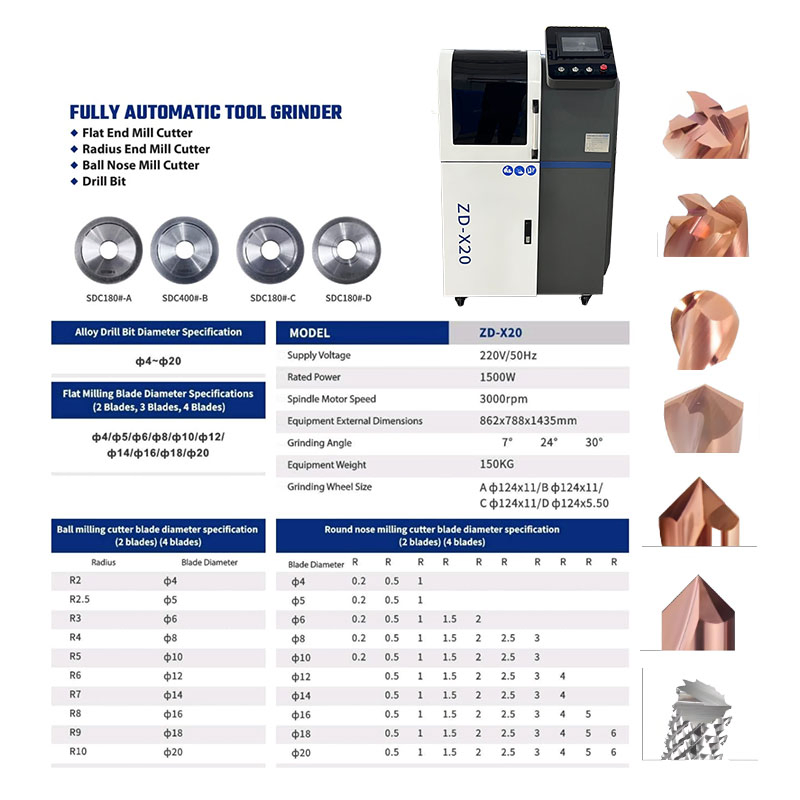 Zd-X20 Automatic CNC Tool Grinder with Water Cooling for End Mill, Ball Nose, Spiral Drill Bits and Chamfer Tool Sharpening